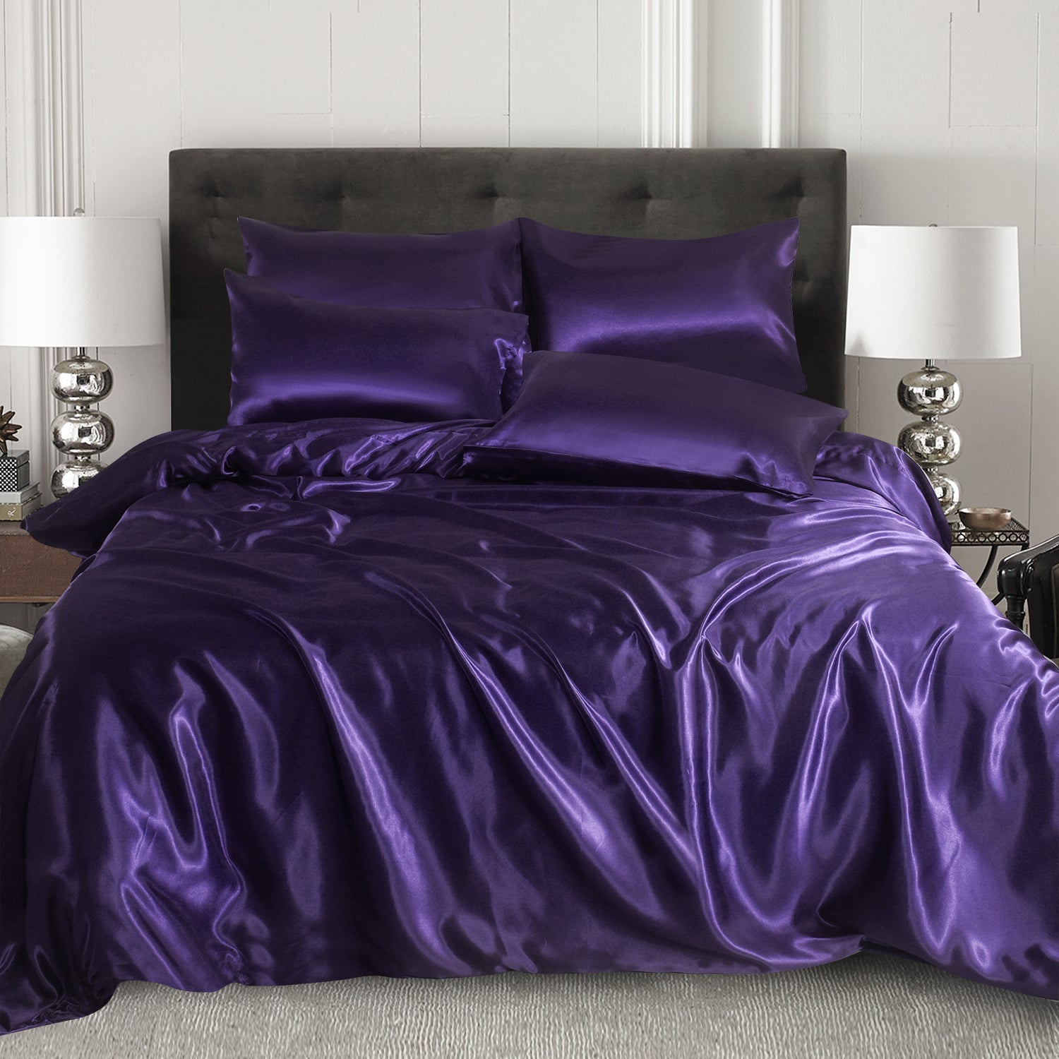 6 PCS SATIN SILK BEDDING SET DUVET COVER FITTED SHEET & 4 PILLOW CASES-All SIZES