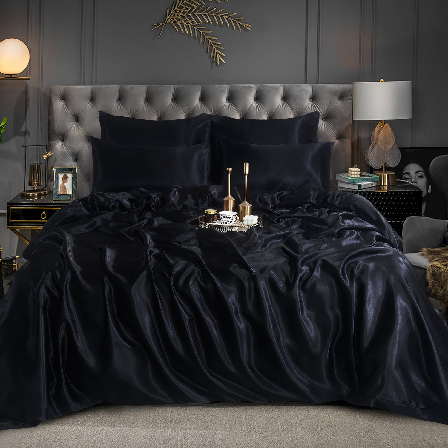 6 PCS SATIN SILK BEDDING SET DUVET COVER FITTED SHEET & 4 PILLOW CASES-All SIZES
