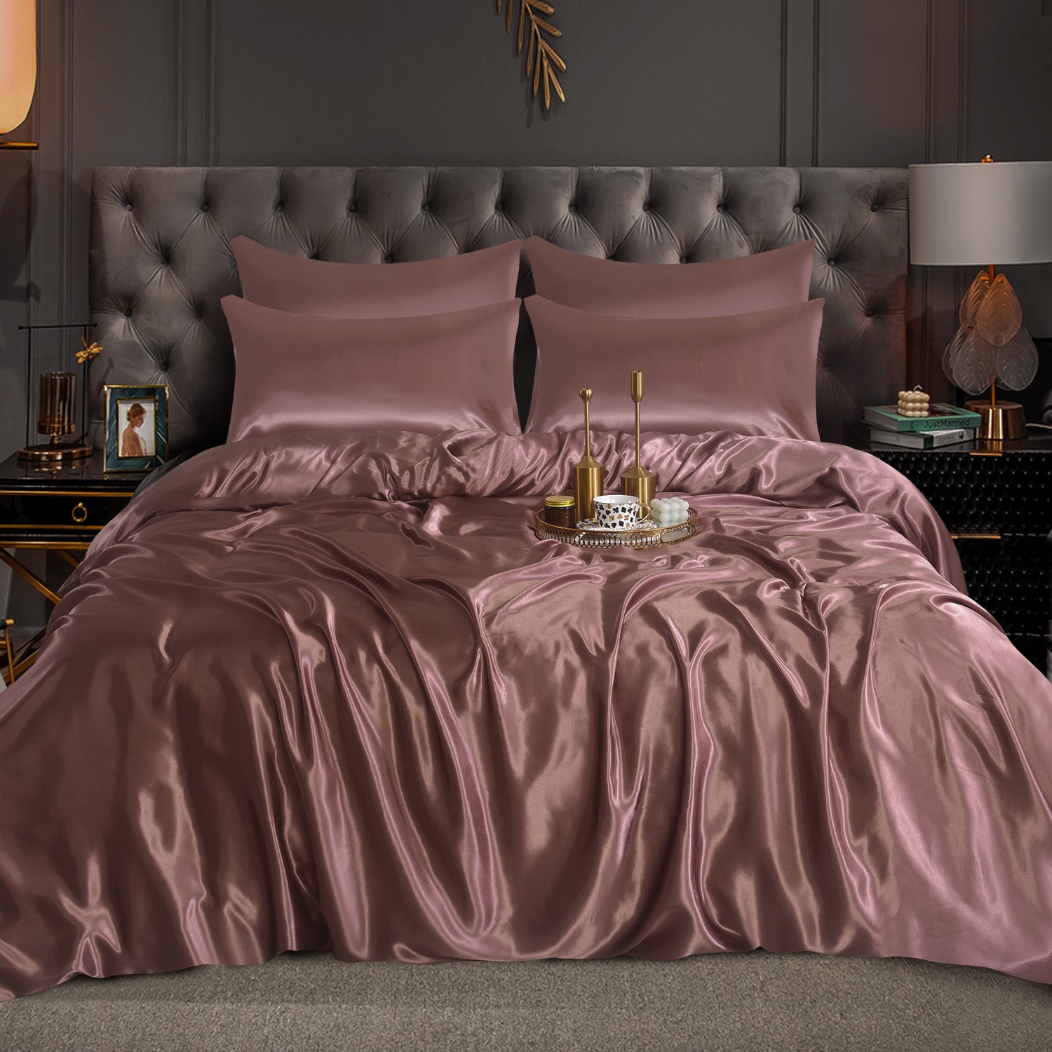 6 PCS SATIN SILK BEDDING SET DUVET COVER FITTED SHEET & 4 PILLOW CASES-All SIZES