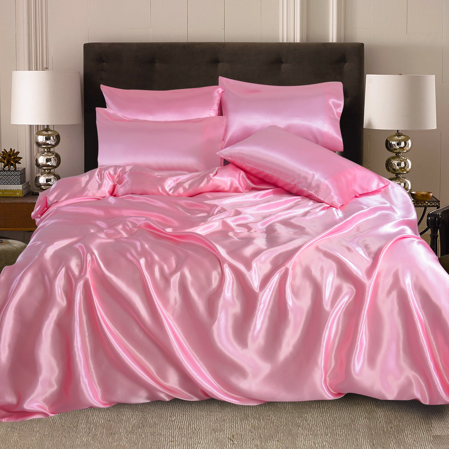 6 PCS SATIN SILK BEDDING SET DUVET COVER FITTED SHEET & 4 PILLOW CASES-All SIZES